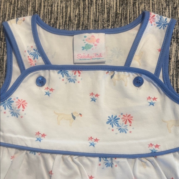 Stitchy Fish Yellow Lab Dog Flag Firework Romper 6M - Picture 2 of 5